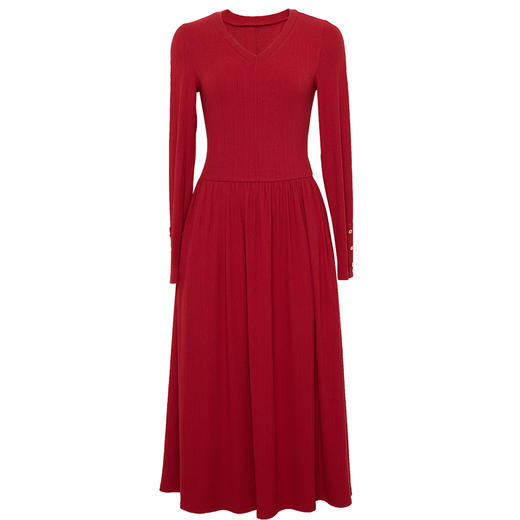 HeyDress法式针织连衣裙女秋季V领肌理芭蕾舞风优雅红色长袖裙子 商品图4