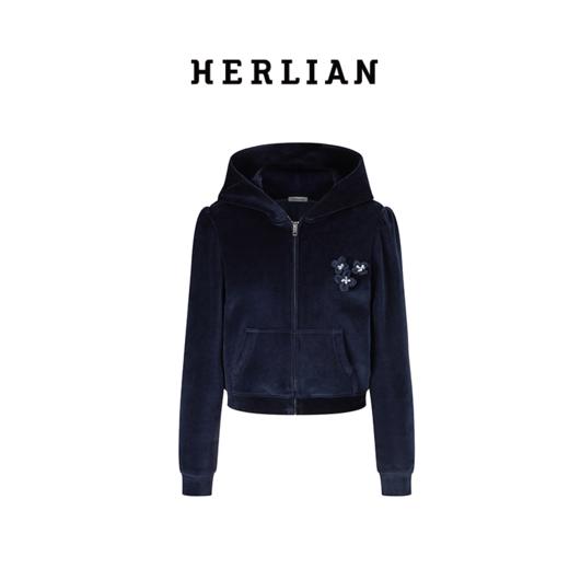 HL2DAWHO2062 藏蓝色丝绒连帽外套 商品图4