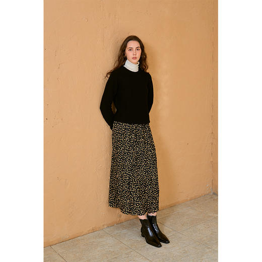 HeyDress法式复古碎花半身裙女秋季高腰显瘦a字黑色黄花百褶裙子 商品图3