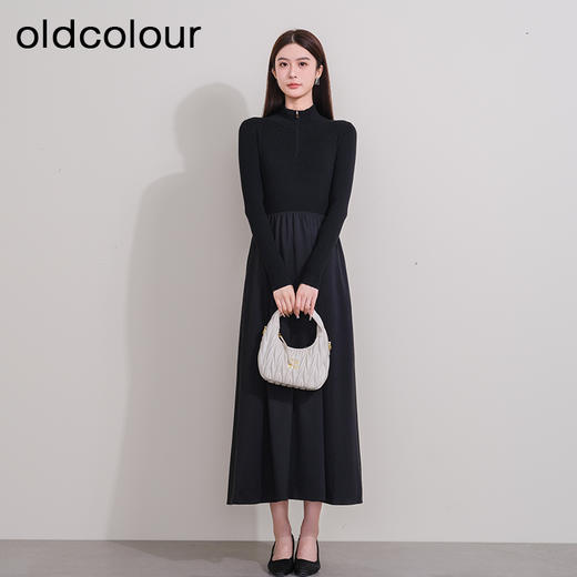 oldcolour冬季新款黑色拼接修身高腰A字长款针织连衣裙P421001A1 商品图2