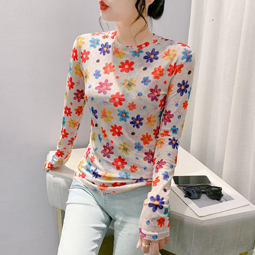 KQL-222H8132秋季新款欧货女扎染印花打底衫网纱上衣女修身套头内搭T恤 商品图2