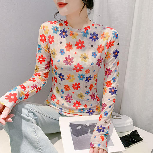 KQL-222H8132秋季新款欧货女扎染印花打底衫网纱上衣女修身套头内搭T恤 商品图1