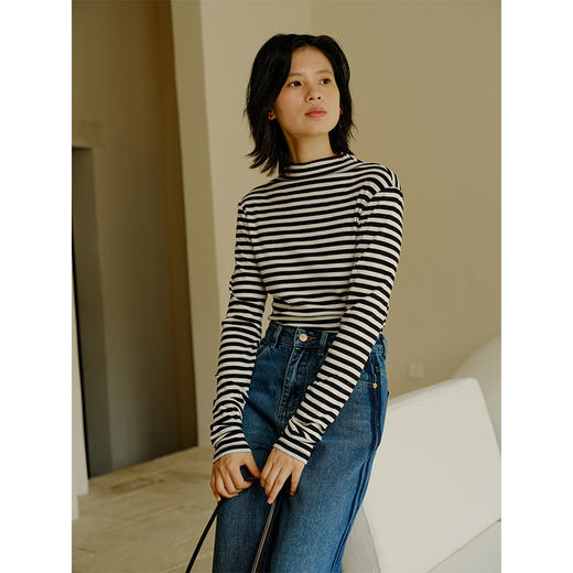 Heydress黑白条纹针织衫女秋季高领打底衫复古修身显瘦百搭上衣 商品图1