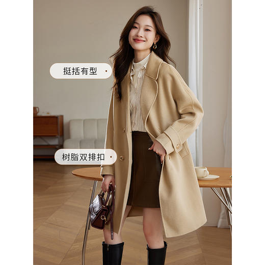 【年终特卖】熙世界黑色双排扣双面呢全羊毛大衣中长款秋冬新款气质毛呢外套 商品图4