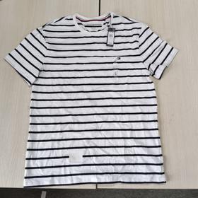 瑕疵Tommy Hilfiger/汤米 男士休闲条纹刺绣小标圆领修身短袖T恤