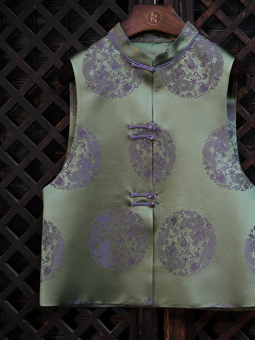 盛唐婧 |中式国风团龙库缎对襟马甲-绿色 商品图2