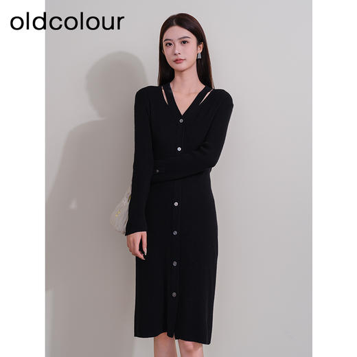oldcolour冬季新款纯色优雅简约气质V领长款针织连衣裙P441001A1 商品图1
