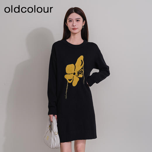 oldcolour冬季新款黑色法式高级气质宽松显瘦针织连衣裙P441004A1 商品图0