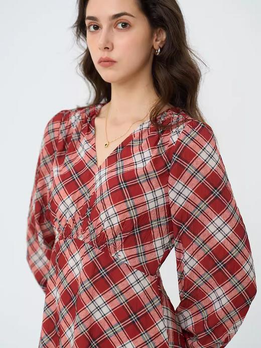 HeyDress红色格纹连衣裙女秋季V领高腰显瘦法式优雅a字长袖裙子 商品图3