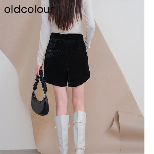 oldcolour冬季新款黑色菱格丝绒高腰休闲宽松A字短裤女P440702A1 商品图4