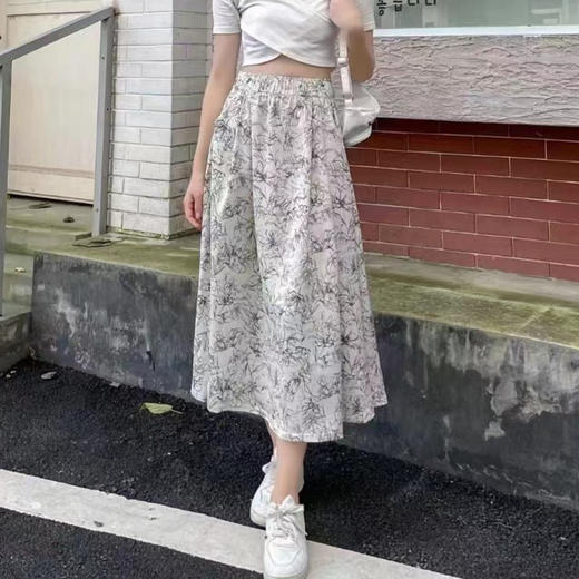 「29.9抢！拼团同款」水墨画裙子女夏季印花中长裙 口袋褶皱A字裙气质通勤半身裙外穿薄 商品图1