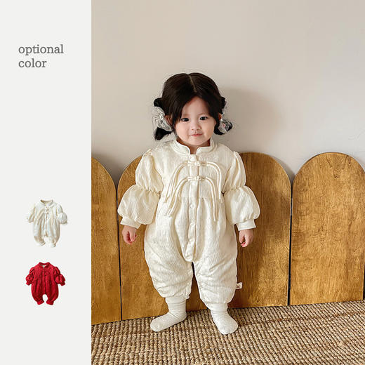 【中国风提花盘扣泡泡袖哈衣】满月婴儿衣服秋冬女宝宝加绒加厚连体衣 商品图2