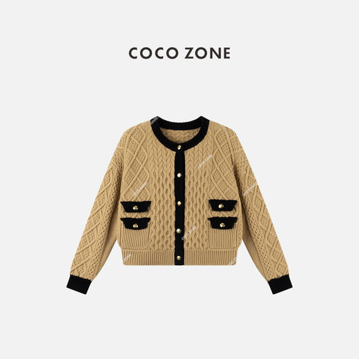 COCO ZONE 高级感撞色拼接针织开衫时尚圆领上衣CC2C1676 商品图1