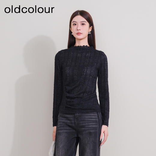 oldcolour欧珂新品时尚立领镂空纯色长袖T恤女P430202A1 商品图3