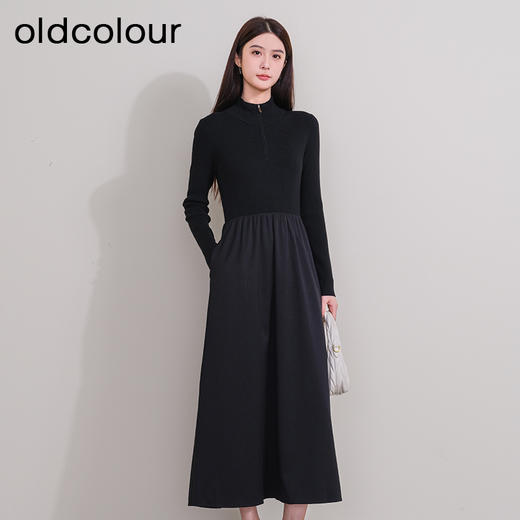 oldcolour冬季新款黑色拼接修身高腰A字长款针织连衣裙P421001A1 商品图0