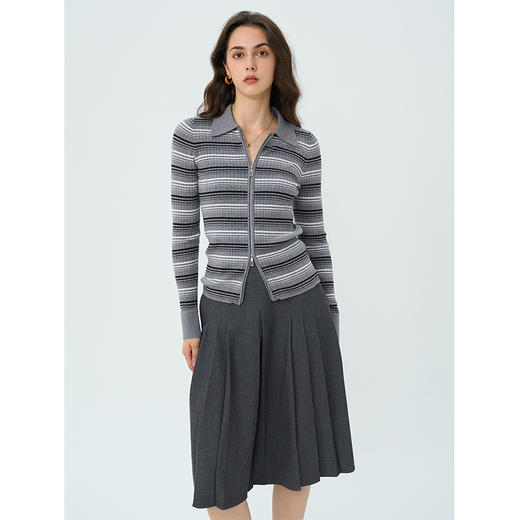 HeyDress条纹翻领针织衫女秋季修身显瘦法式双拉链polo领开衫上衣 商品图1