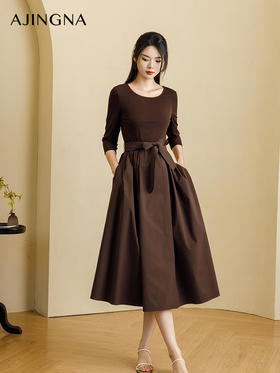 【商场同款】阿菁娜2024秋季新款法式圆领高腰连衣裙A29Q112062