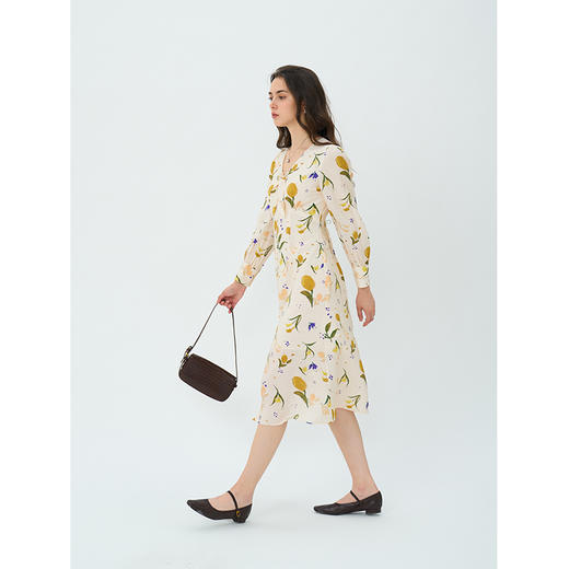 Heydress柠檬印花连衣裙女秋季法式v领收腰显瘦清爽优雅长袖裙子 商品图1