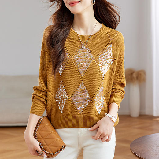 CC-XFY2085早秋季圆领亮片针织衫女短款秋装2024新款高腰上衣打底衫春秋百搭 商品图3