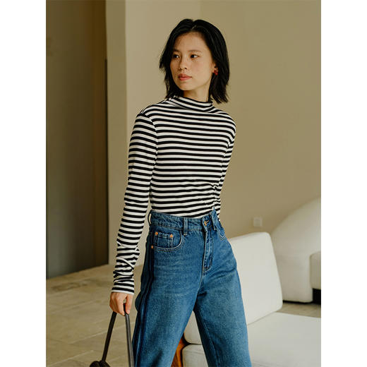 Heydress黑白条纹针织衫女秋季高领打底衫复古修身显瘦百搭上衣 商品图0