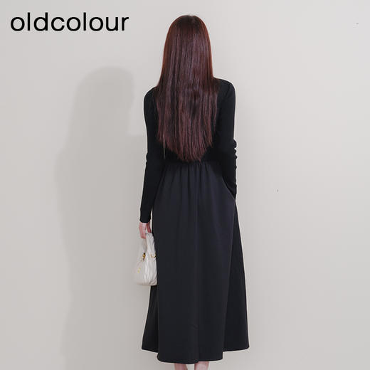 oldcolour冬季新款黑色拼接修身高腰A字长款针织连衣裙P421001A1 商品图4