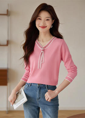 【专属特价】熙世界气质飘带针织衫女秋装新款名媛风撞色V领长袖套头上衣