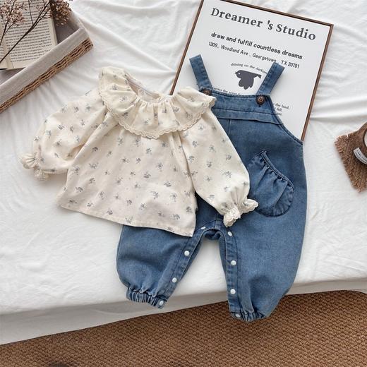 【甜美翻领清新衬衫背带裤两件套】秋装新款婴幼儿套装女童牛仔连身衣 商品图0