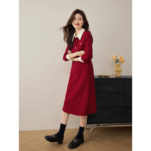 【五折购】熙世界赫本小香风红色连衣裙女2025秋季新款气质衬衫领假两件裙子 商品图3