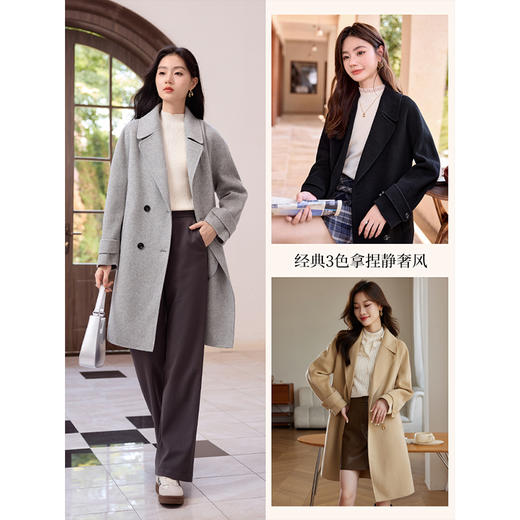 【年终特卖】熙世界黑色双排扣双面呢全羊毛大衣中长款秋冬新款气质毛呢外套 商品图1