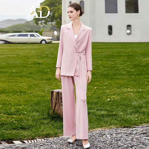 AD大学生西装外套女粉色系带长袖西服套装宽松显瘦阔腿裤职业装 商品图2
