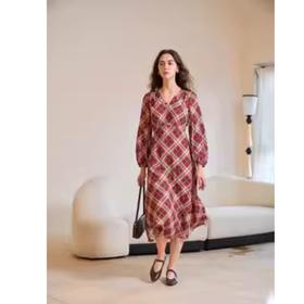HeyDress红色格纹连衣裙女秋季V领高腰显瘦法式优雅a字长袖裙子