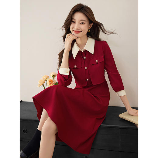 【五折购】熙世界赫本小香风红色连衣裙女2025秋季新款气质衬衫领假两件裙子 商品图1
