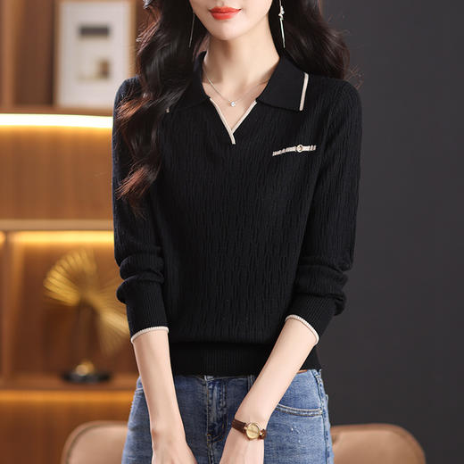 CC-QQH-9138翻领长袖针织小衫女2024早秋新款上衣洋气女士宽松毛衣打底衫春秋 商品图3