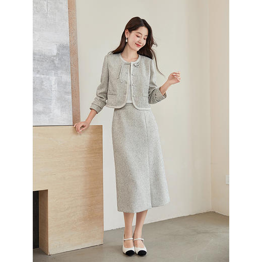 【专属特价】熙世界小香风花纱直筒半身裙2025秋季新款设计感开叉包臀中长裙 商品图1