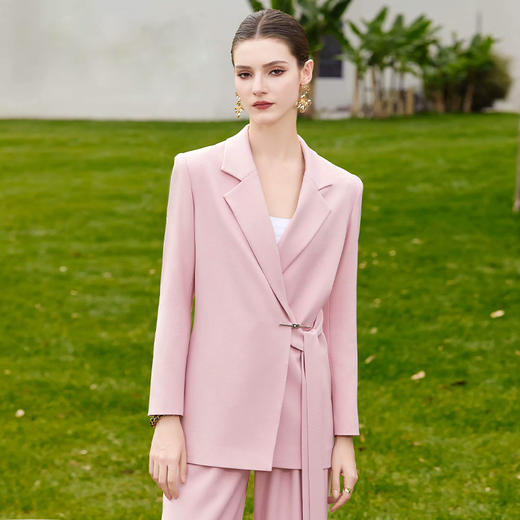 AD大学生西装外套女粉色系带长袖西服套装宽松显瘦阔腿裤职业装 商品图0