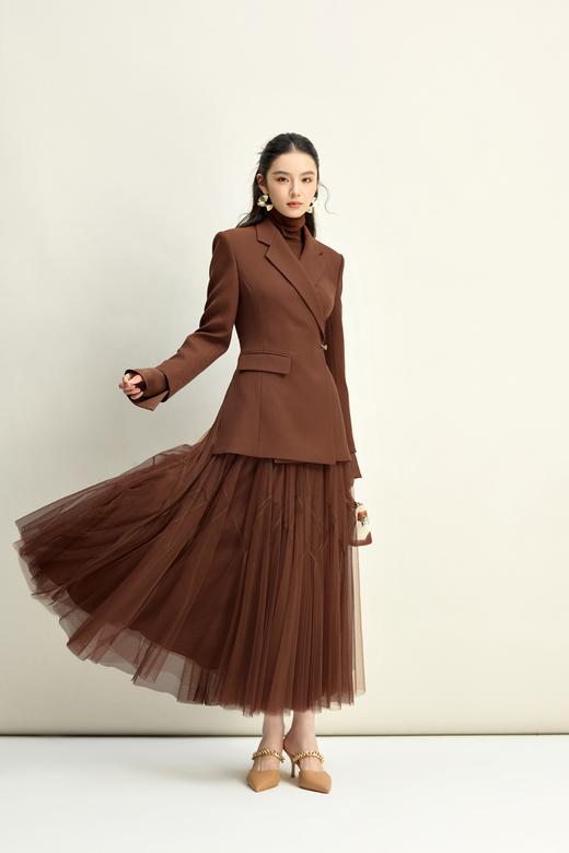 HJ3B50_漆黑/棠梨褐色_半身裙_秋冬_高级感垂感网纱高腰显瘦 A 字长裙_高级女装_BERNIEELEN 伯妮斯茵 商品图2