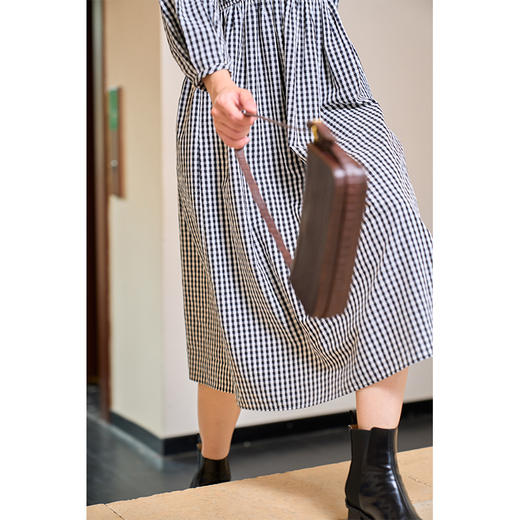 HeyDress复古黑白格连衣裙女秋季抽褶收腰设计法式浪漫长袖裙子 商品图3