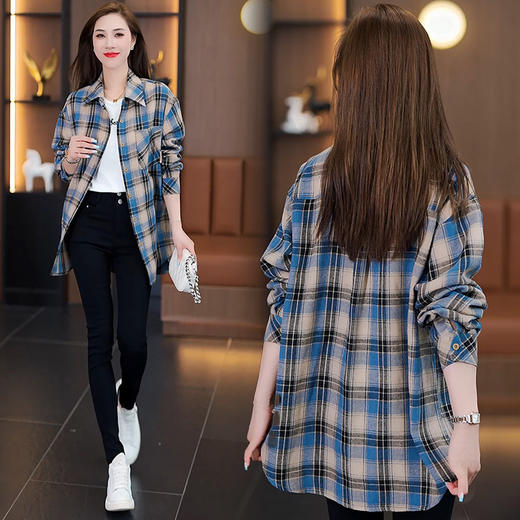 TZF-中长款格子衬衫女装慵懒风春秋季新款宽松韩版百搭上衣服外套 商品图2