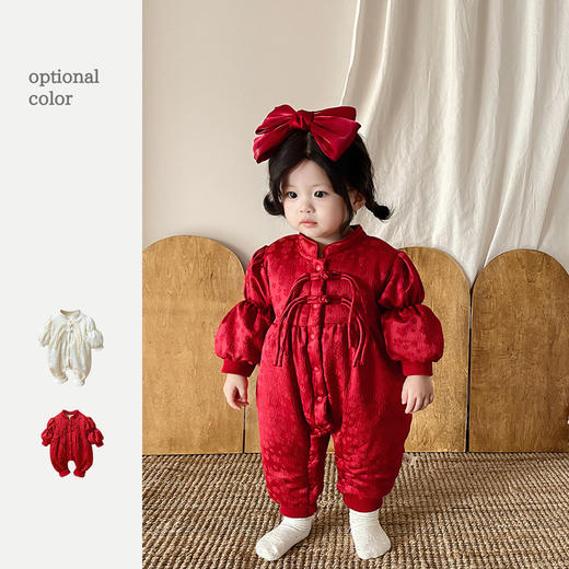 【中国风提花盘扣泡泡袖哈衣】满月婴儿衣服秋冬女宝宝加绒加厚连体衣 商品图3