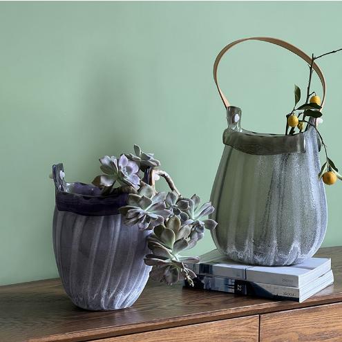 创意手工做旧磨砂大口手提篮艺术玻璃花瓶客厅家居电视柜软装饰品 商品图0