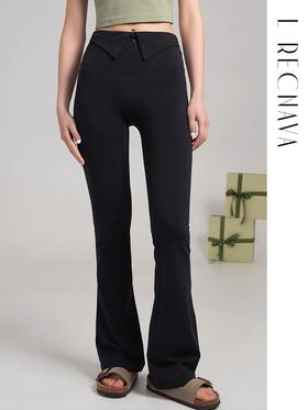 【裸感】腰部中式翻边 显腰细长裤 瑜伽休闲微喇叭运动裤