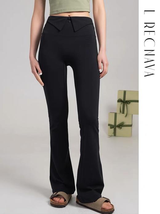 【裸感】腰部中式翻边 显腰细长裤 瑜伽休闲微喇叭运动裤 商品图0