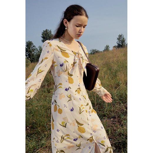 Heydress柠檬印花连衣裙女秋季法式v领收腰显瘦清爽优雅长袖裙子 商品图3