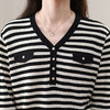 CC-5-6005七分袖条纹针织衫女夏新款2024早秋新款宽松V领中袖洋气减龄上衣 商品缩略图2