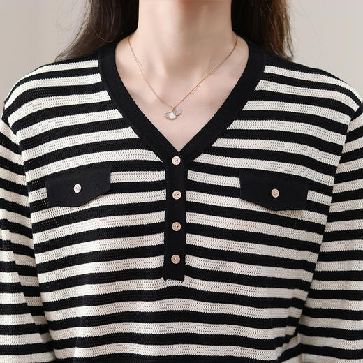 CC-5-6005七分袖条纹针织衫女夏新款2024早秋新款宽松V领中袖洋气减龄上衣 商品图2
