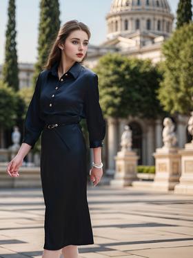 复古通勤翻领气质衬衫连衣裙