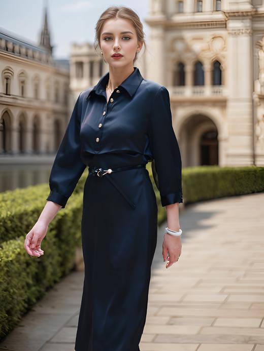 复古通勤翻领气质衬衫连衣裙 商品图1