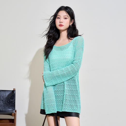 日薄荷曼波长袖镂空针织衫T恤女轻薄罩衫上衣V2942142 商品图3