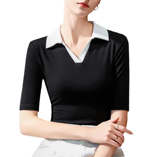 TZF-五分袖polo领t恤女秋季新款设计感小众别致翻领中袖撞色上衣 商品图4