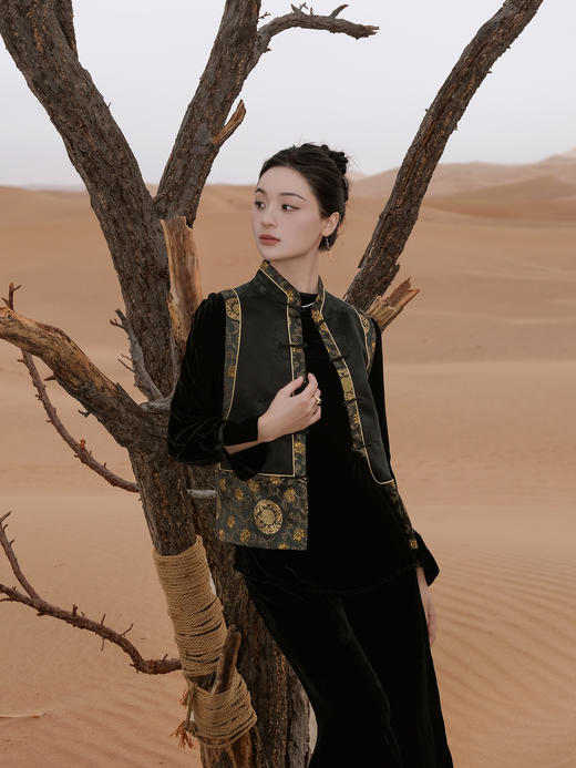 盛唐婧 |中式国风团龙库缎对襟马甲-黑色 商品图0